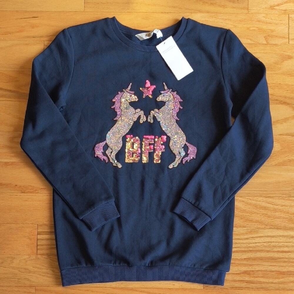 H&M Navy Tunic Sweatshirt BFF Unicorn Design, Girls 12/14 NWT